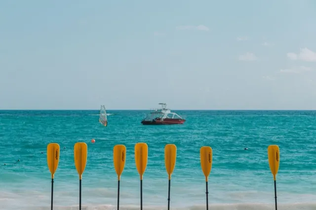 Remos amarillos de un bote frente al mar turquesa